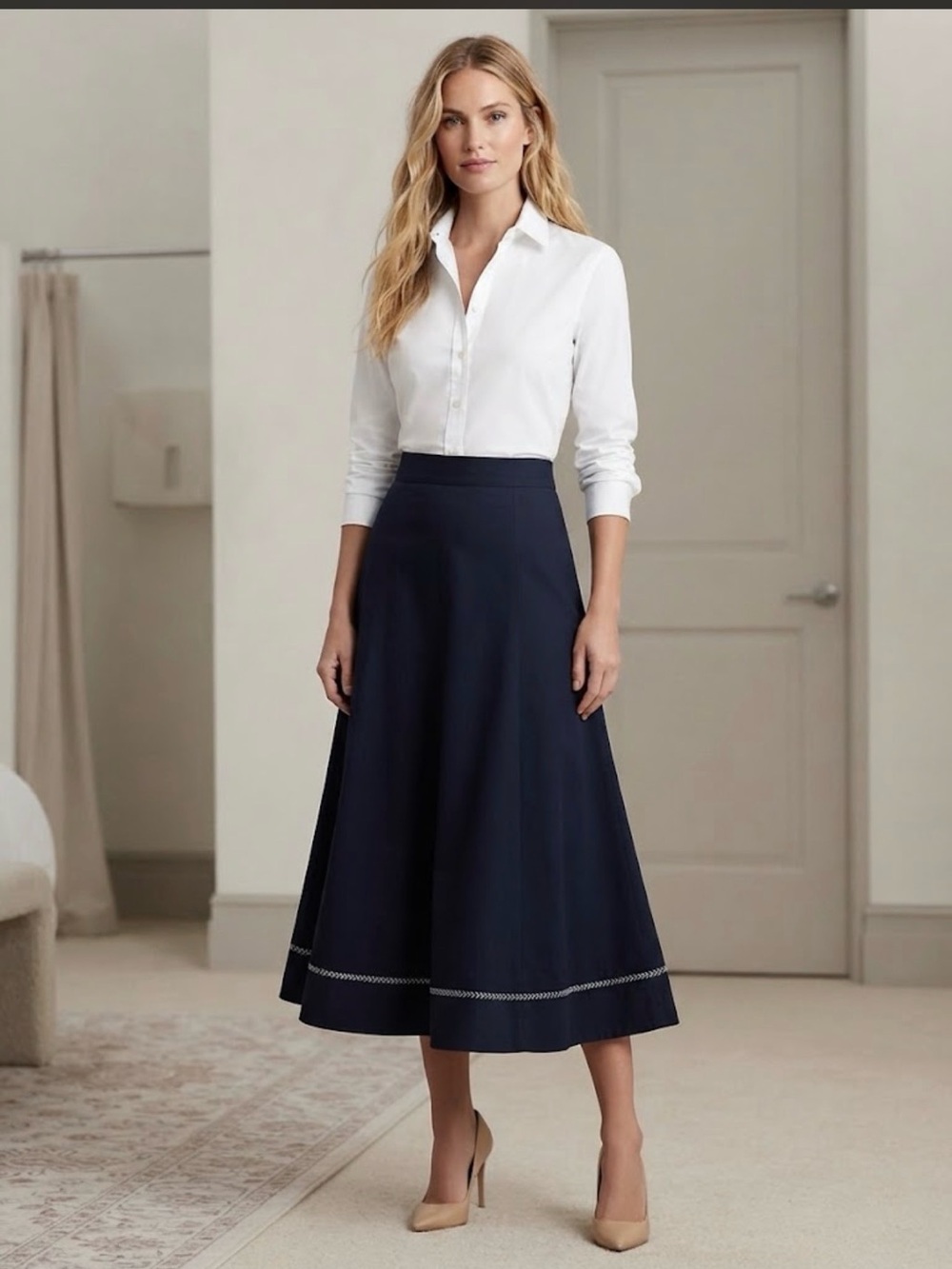 Zara Navy Blue Maxi Skirt with Contrast Hem Stitching